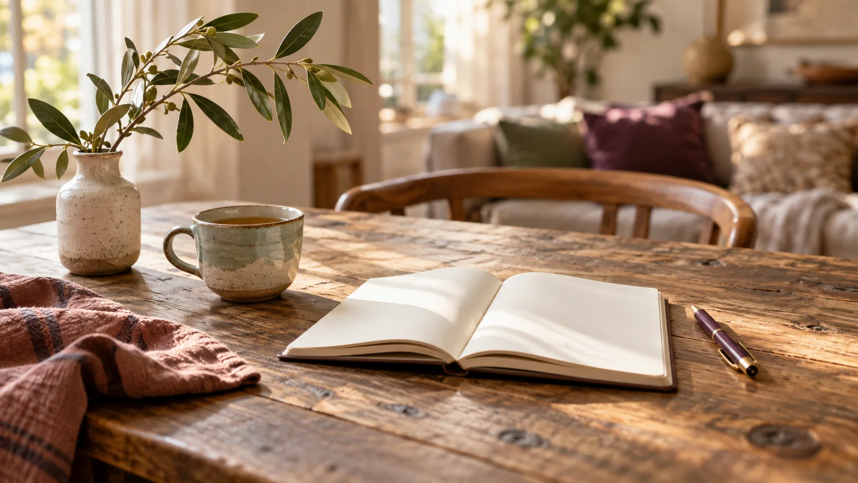 Ein offenes Notizbuch und eine Tasse Tee auf einem Tisch, bereit für ein ruhiges Gespräch.